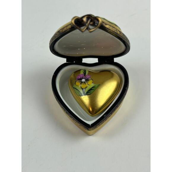 Rochard Limoges France Heart Trinket Box Hand Painted Pansy Gold Porcelain - Picture 7 of 12